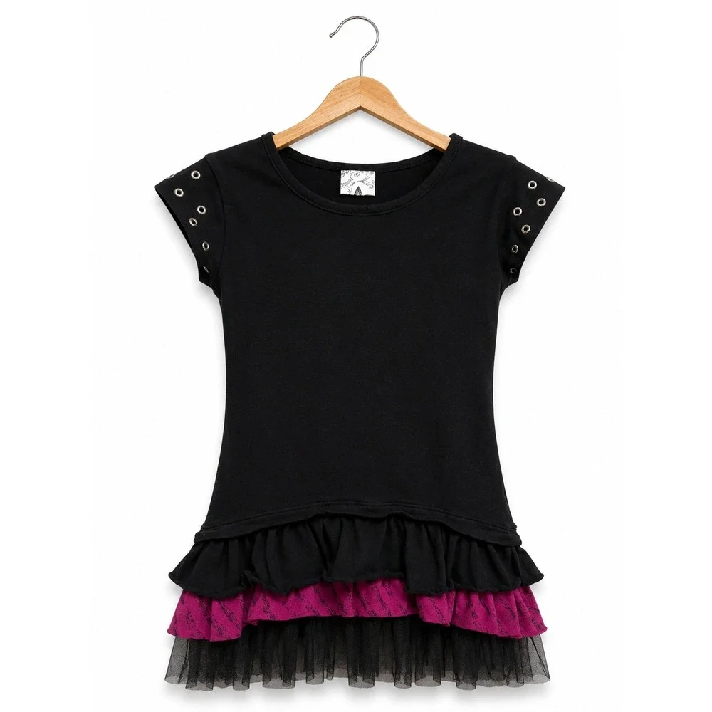 D-Signed by Disney Girls Black Magenta Ruffle Hem Grommet Sleeve Top Size M‎